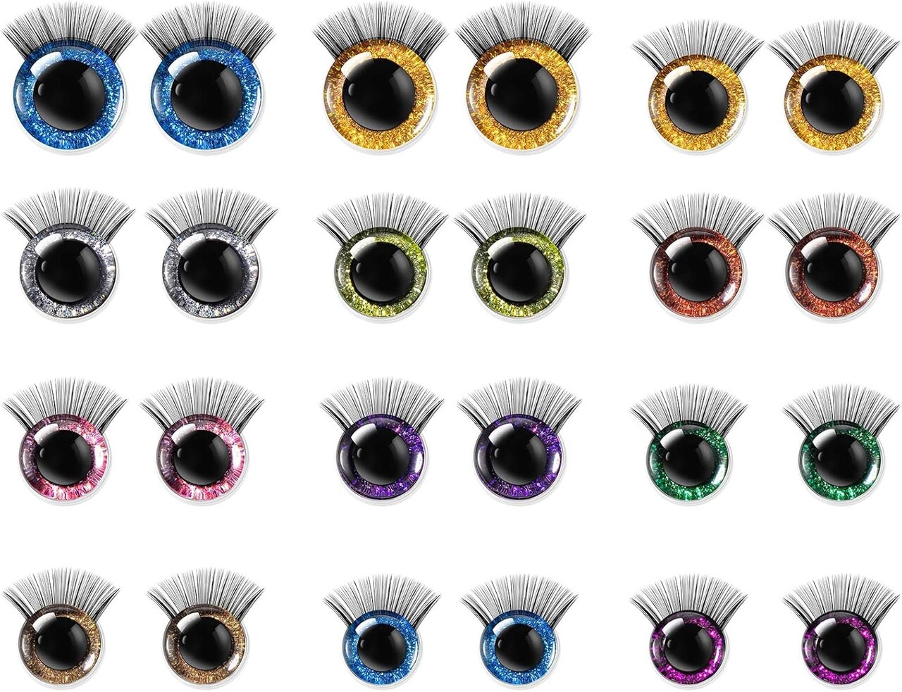 24 Pcs Glitter Safety Eyes with Eyelashes for Amigurumi – 12/14/16/18/20/25mm Mixed Colors